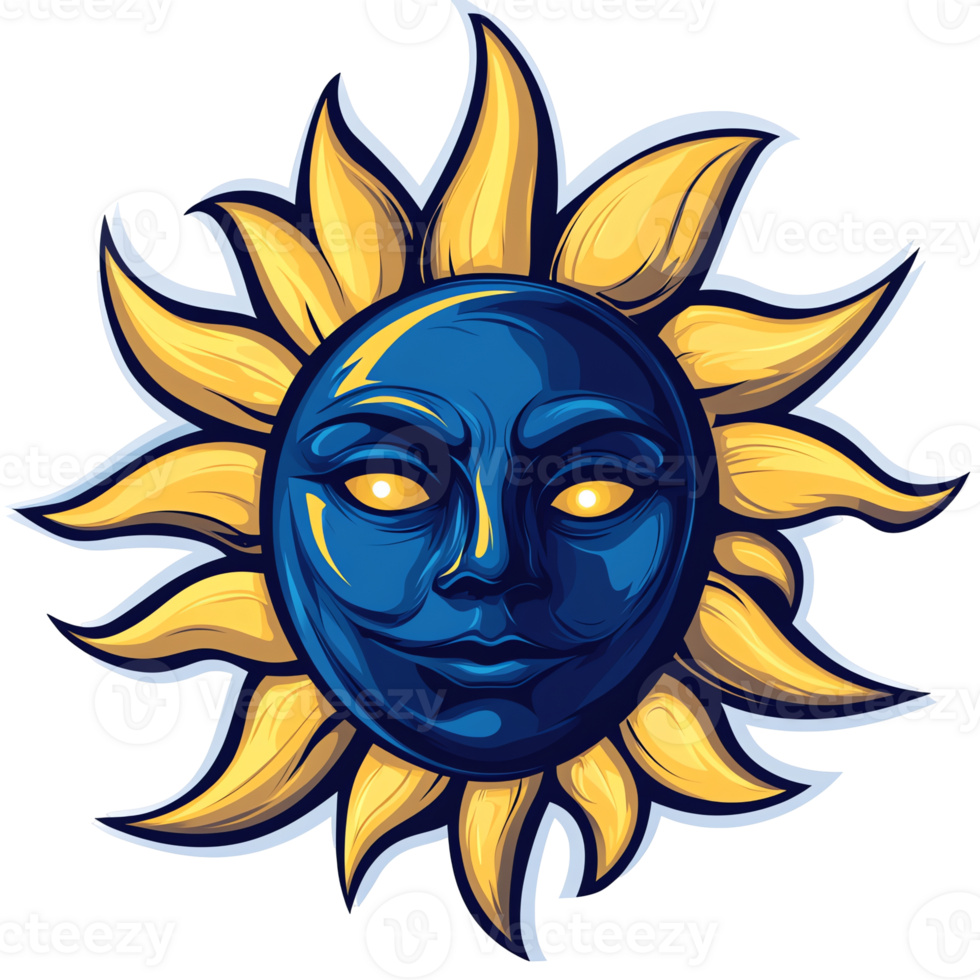 Celestial sun face fusion a captivating abstract design with luminous eyes on transparent background png