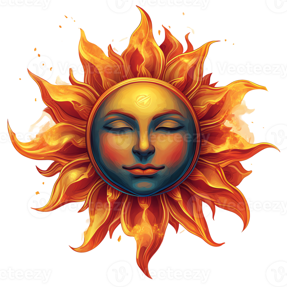 Serene sun face in fiery embrace a digital painting on transparent background png