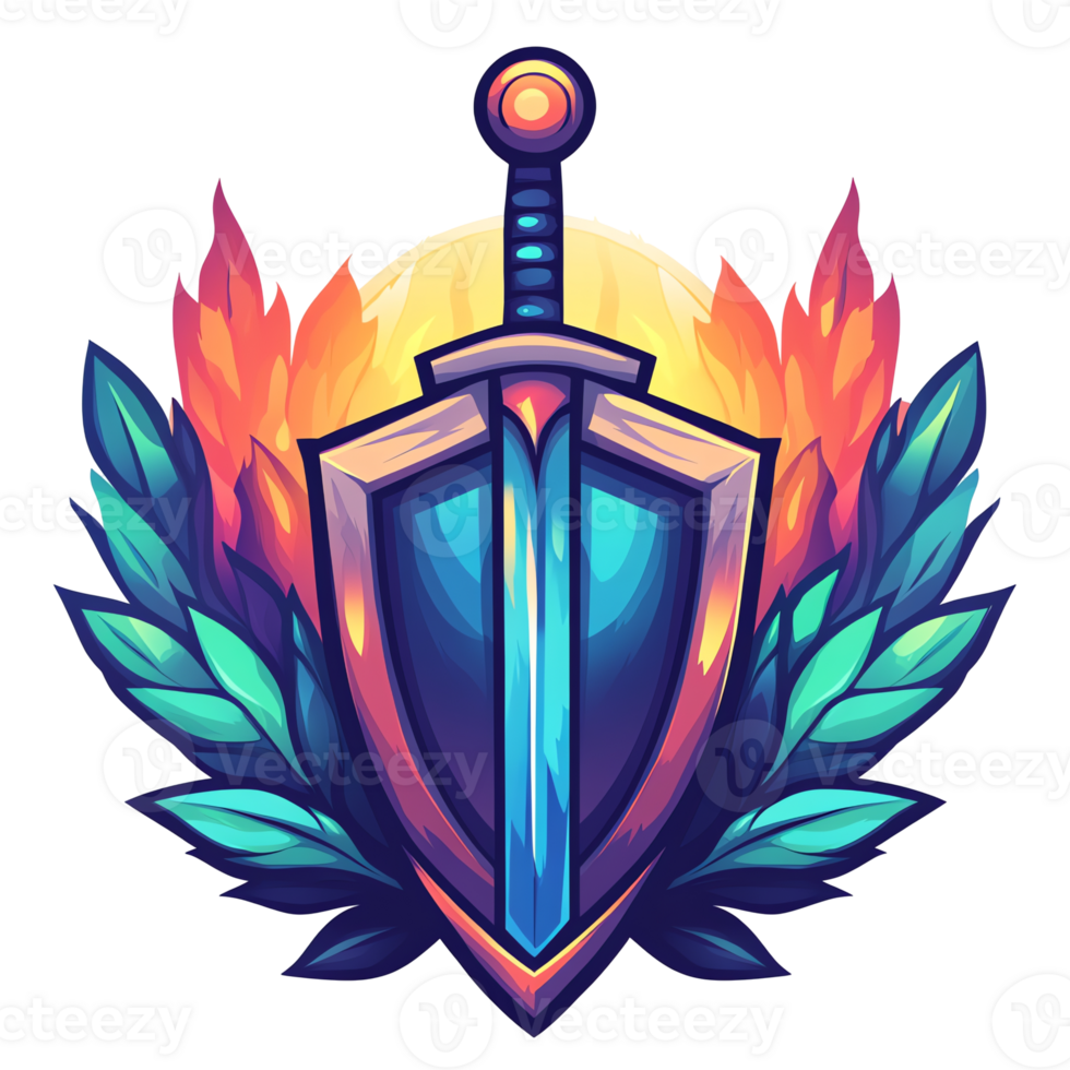 Stylized sword and shield emblem with flame and laurel accents for gaming or fantasy on transparent background png