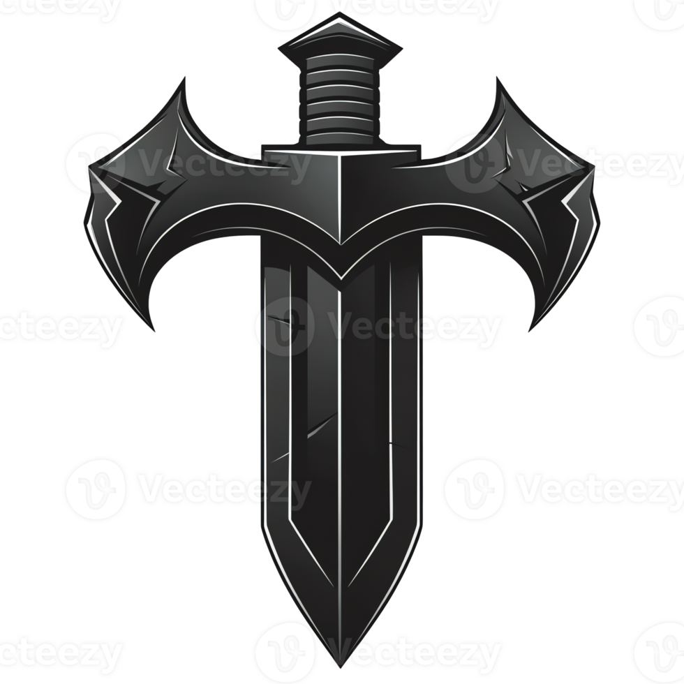 Stylized black sword with intricate design and sharp blade on transparent background png