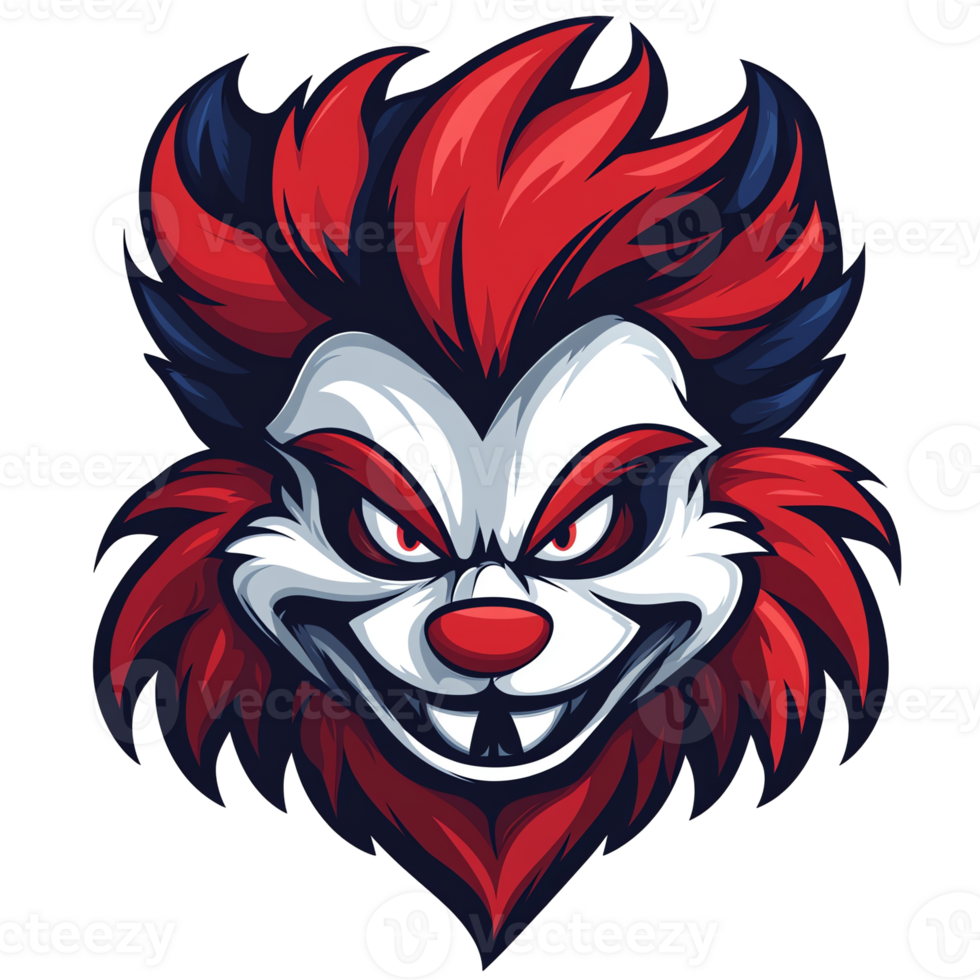 Creepy clown portrait with red and blue hair on transparent background for graphic design projects png
