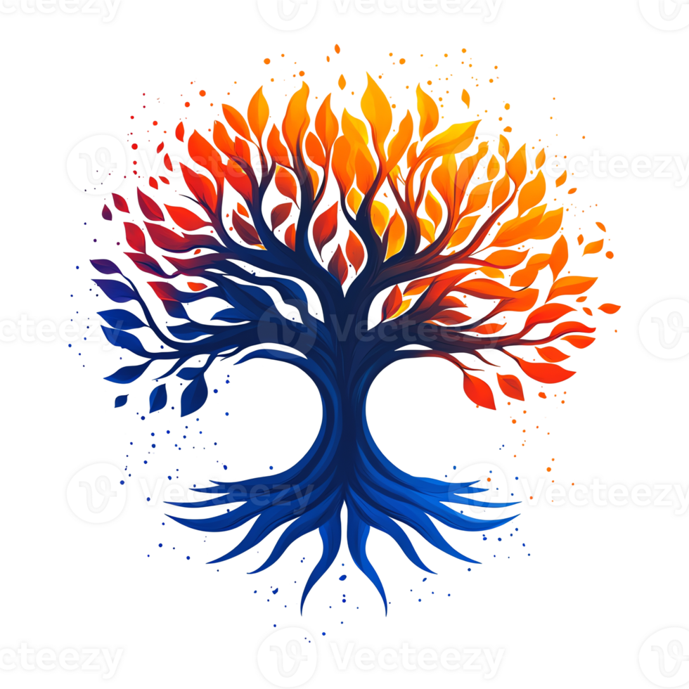Colorful abstract tree with blue roots and red orange leaves on transparent background artistic design png