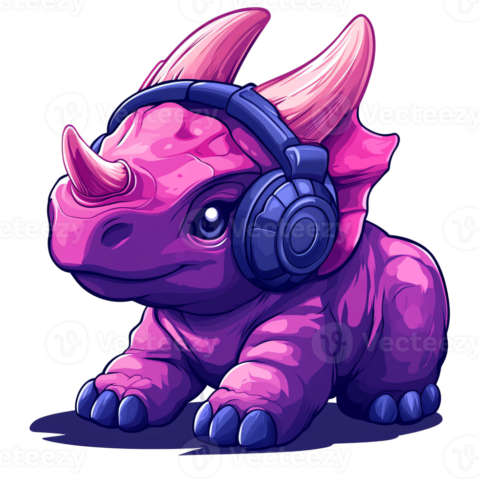 Adorable triceratops with headphones on transparent background for digital designs and illustrations png