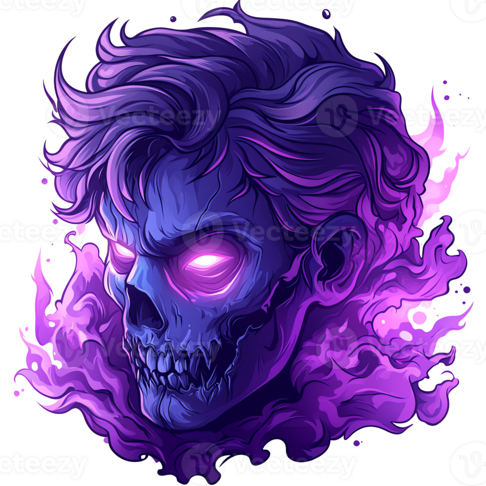 Glowing purple zombie head with menacing expression on transparent background digital illustration png