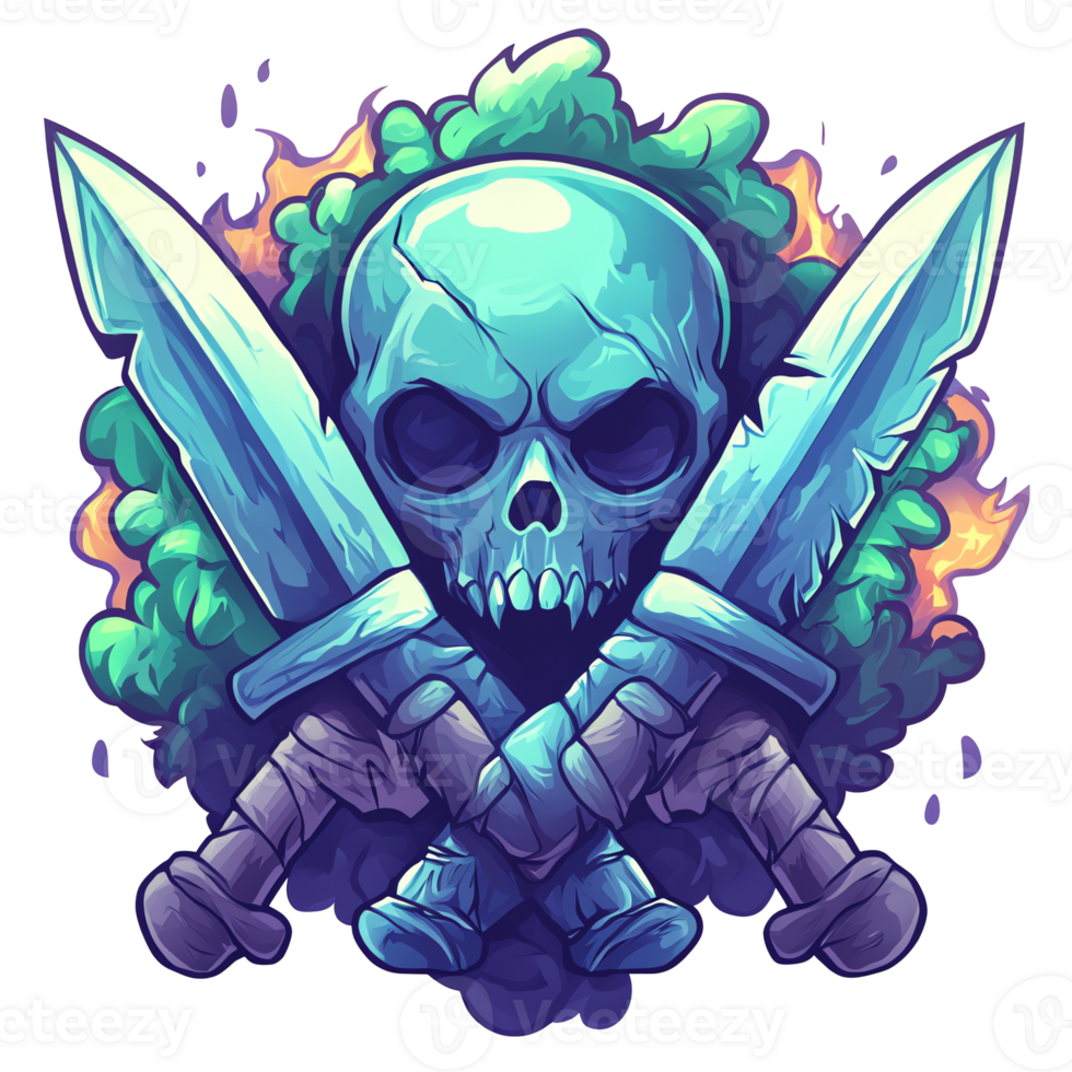 Stylized skull with crossed swords and foliage on transparent background clip art png