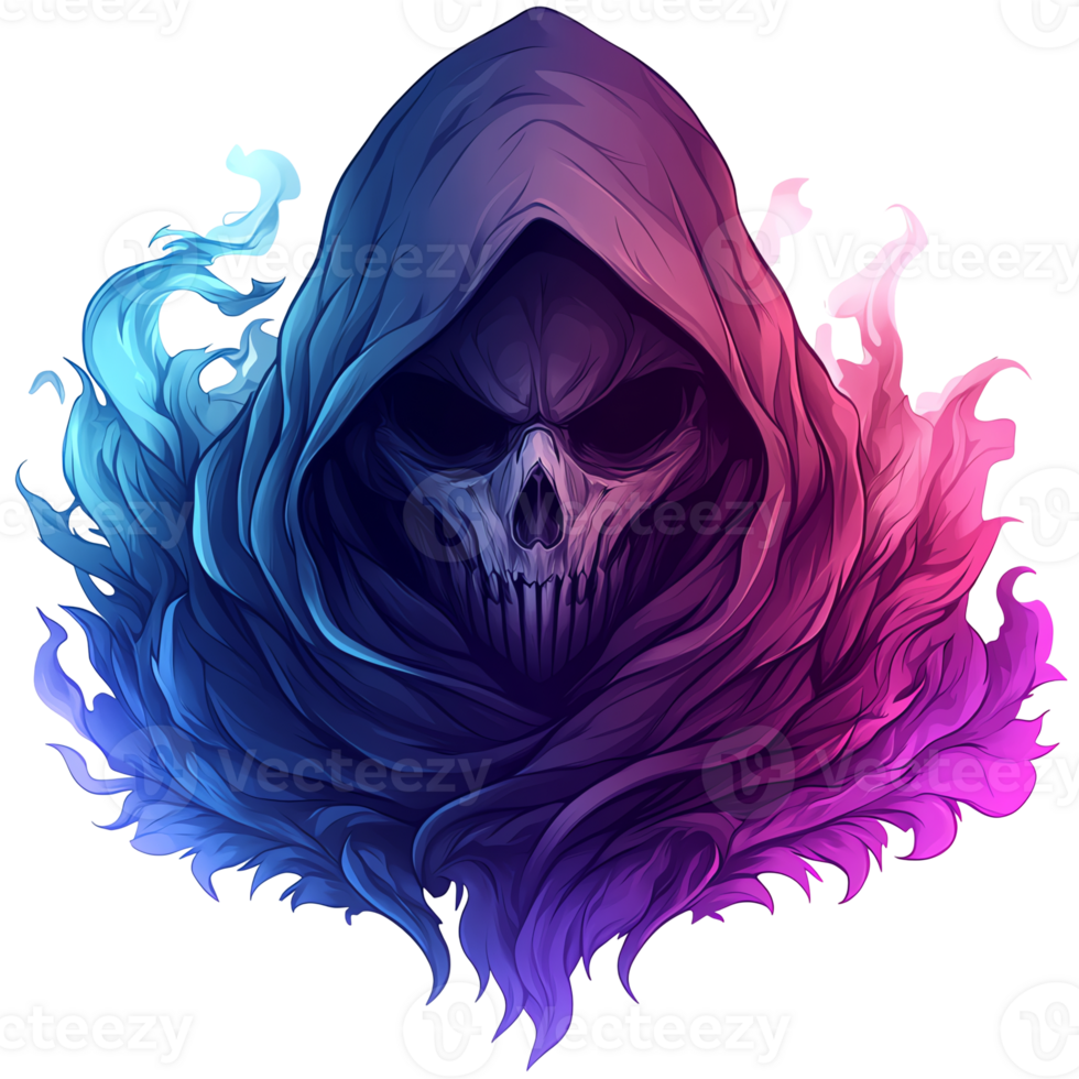 Fiery skull in hooded cloak a dark fantasy logo design png