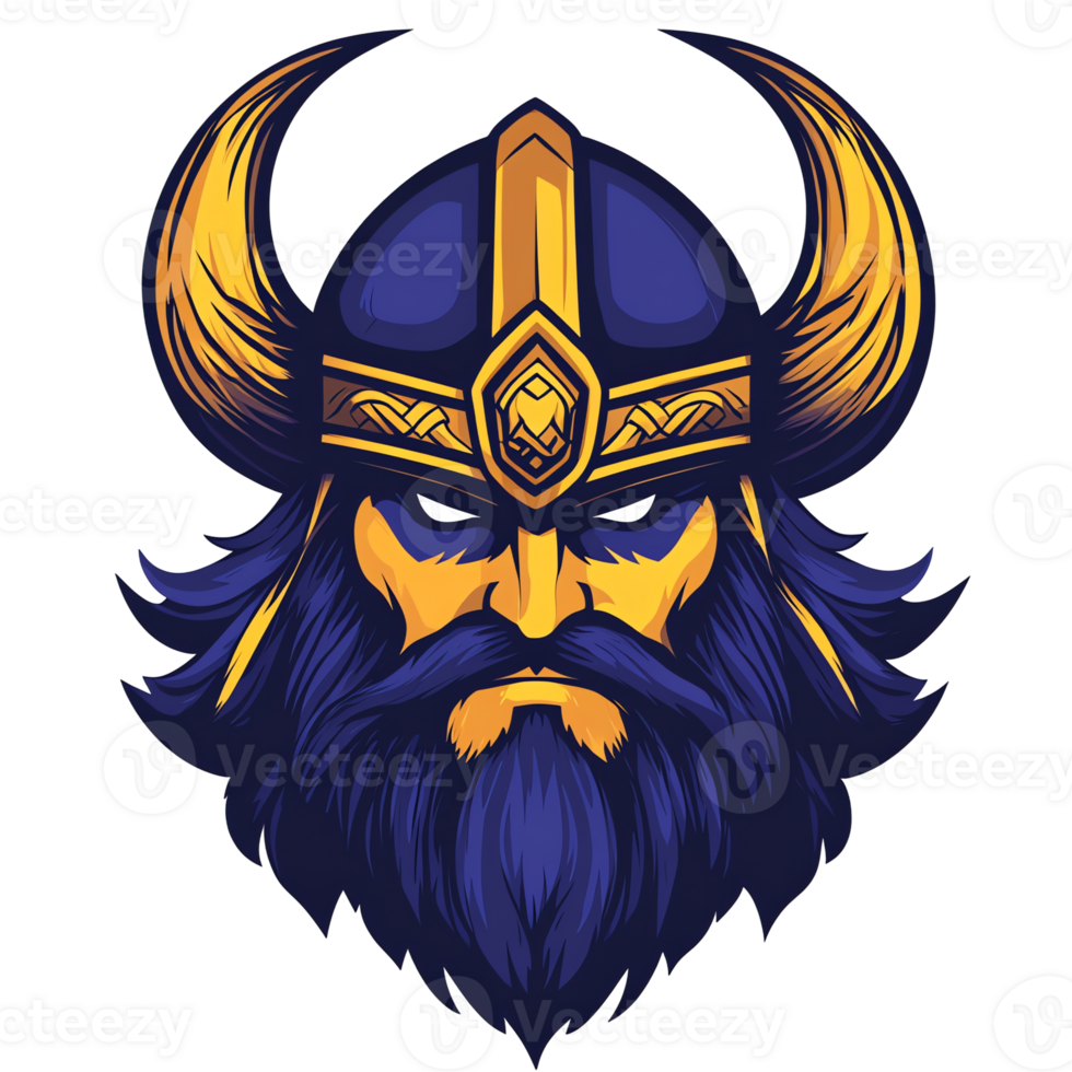Viking head with horned helmet blue and yellow color scheme isolated on transparent background png