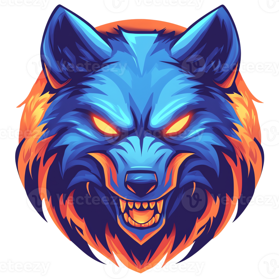 Blue and orange stylized wolf illustration with glowing eyes on a transparent background fierce predator png