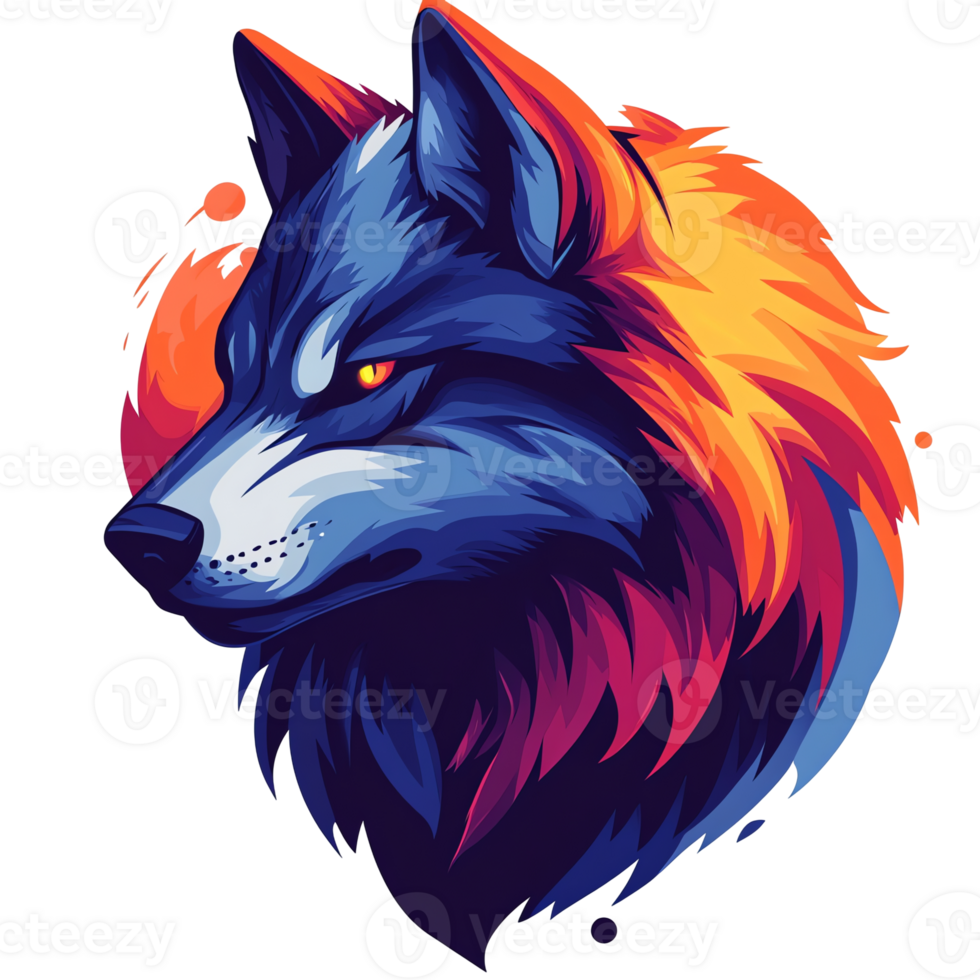 Fierce and majestic wolf with vibrant blue and orange fur on transparent background png