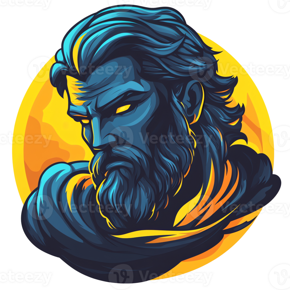 Mysterious blue skinned figure with a beard against a yellow moon on transparent background png