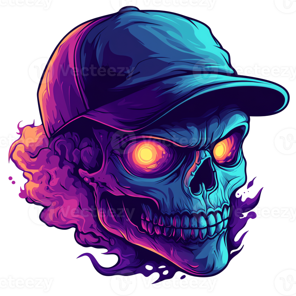 Cyberpunk skull with glowing eyes and cap on transparent background a striking digital illustration png