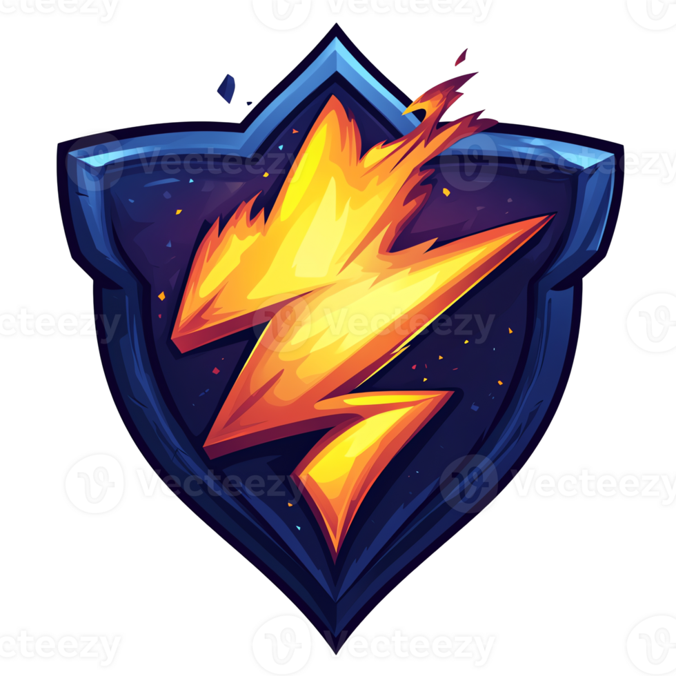 Fiery lightning bolt emblem on blue shield striking visual for games and apps on transparent background png