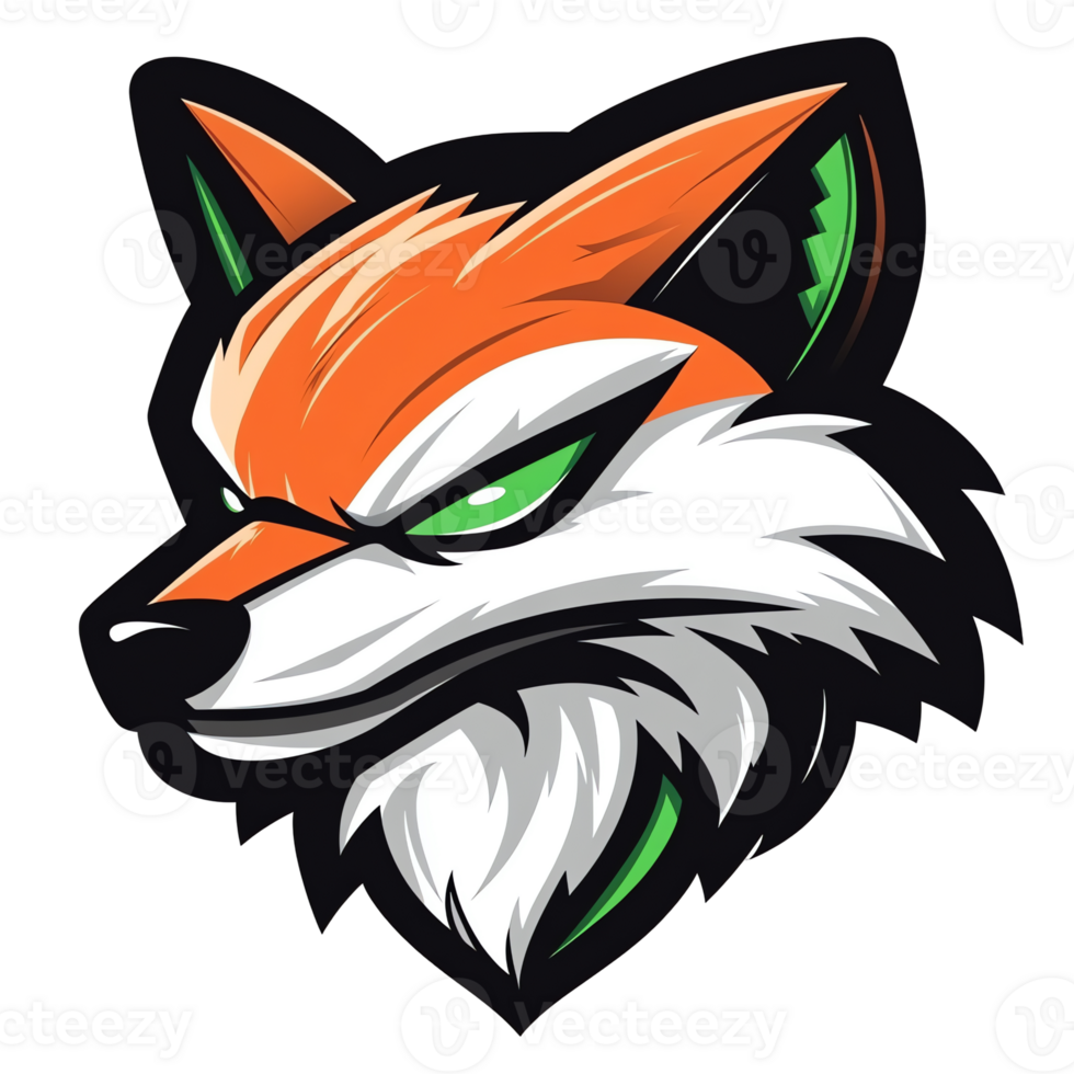 Bold cartoon fox head logo with sharp features and green accents on transparent background png
