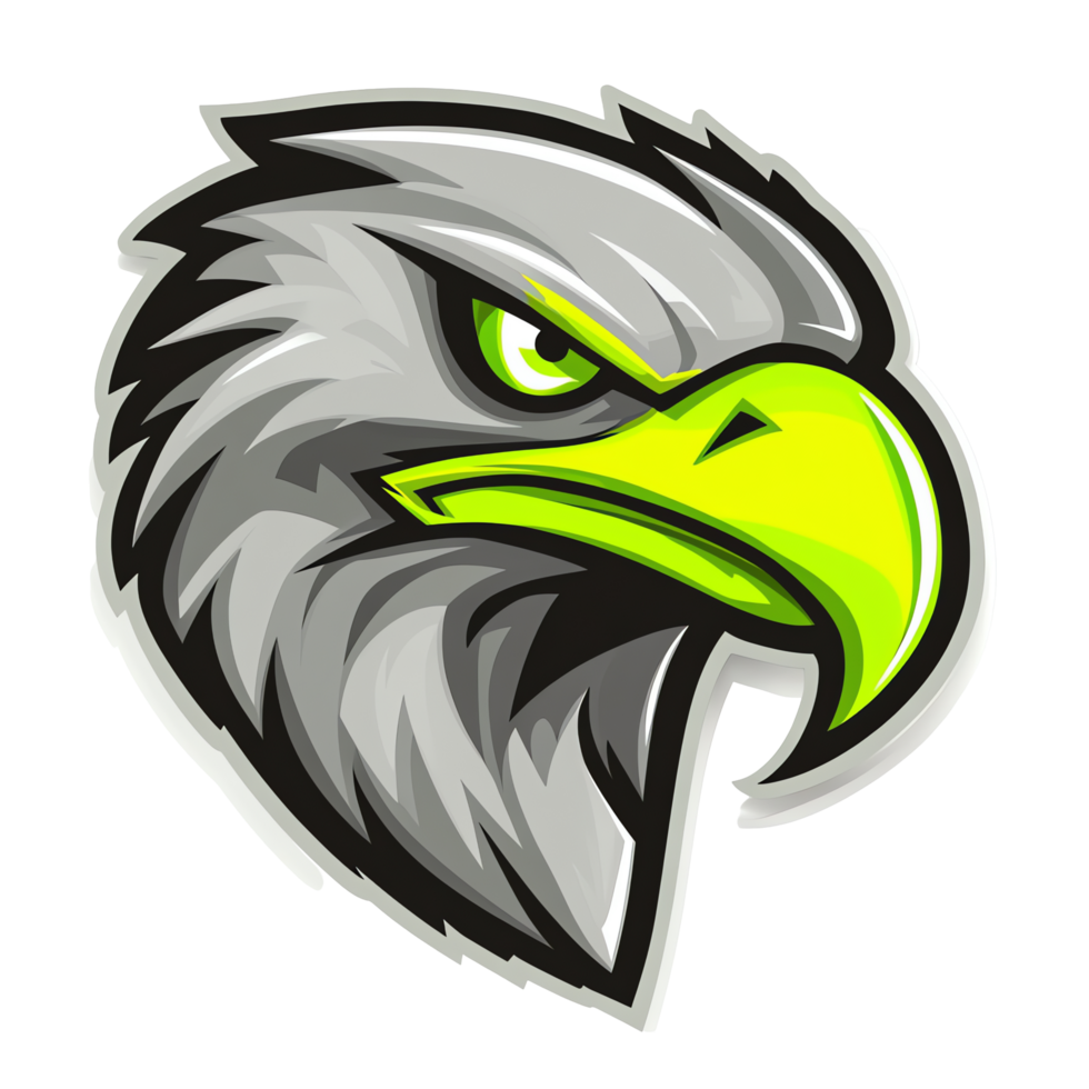 Eagle head mascot with green eyes staring intensely on a transparent background png