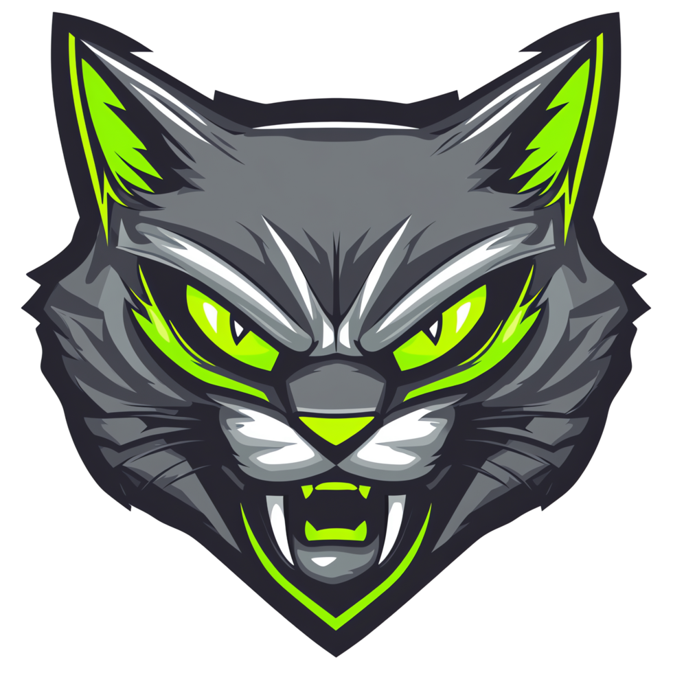 Fearsome gray cat with glowing green eyes on transparent background a perfect logo or gaming asset png