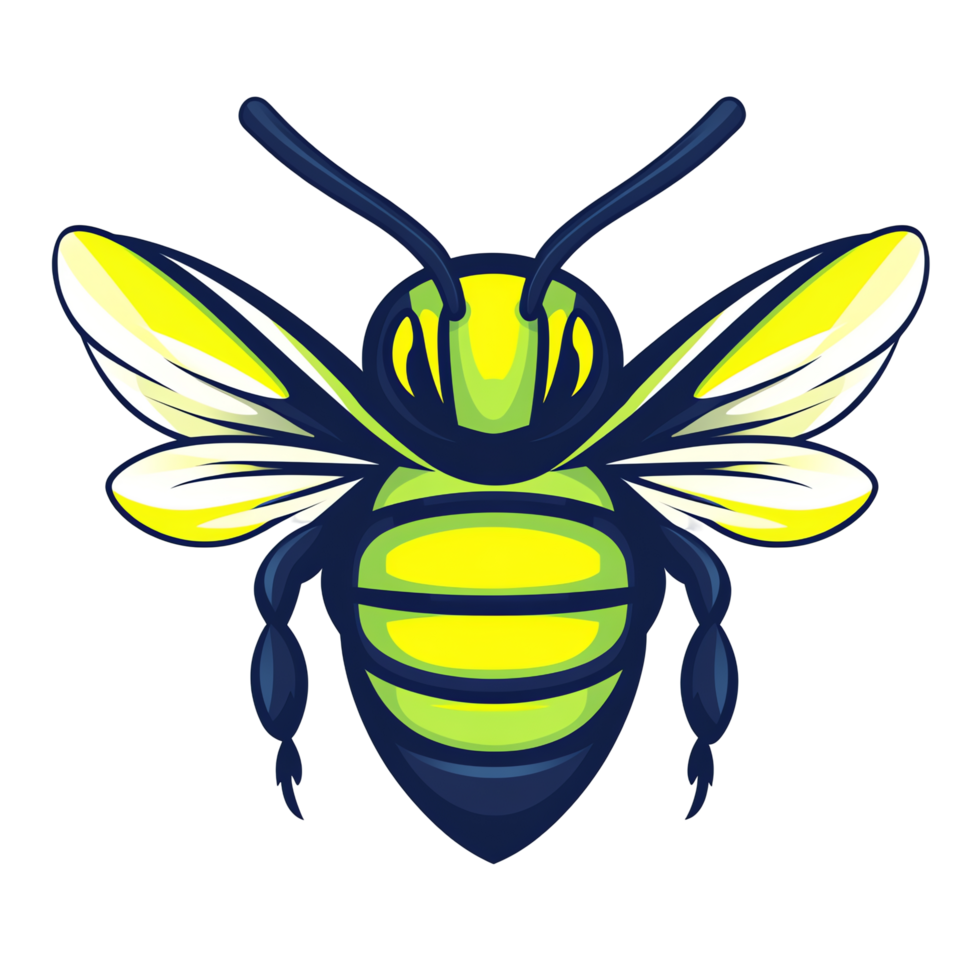 Digitally rendered buff bee with neon yellow and blue tones on transparent background isolated png
