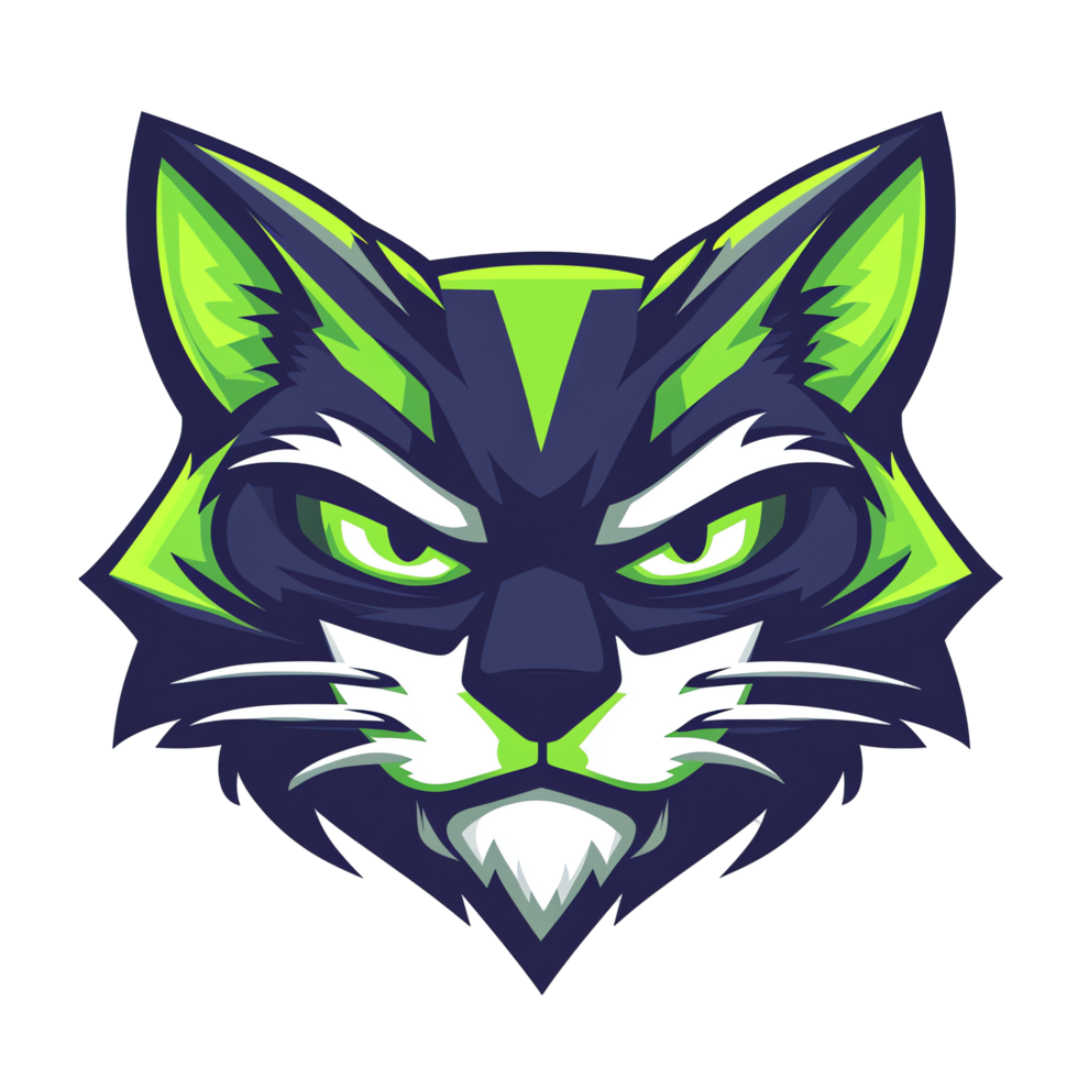 Stylized cartoon cat head mascot with neon green accents on transparent background png