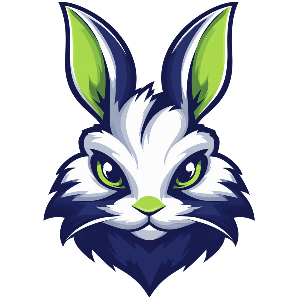 Intense bunny portrait with white and blue fur and green ears on transparent background png