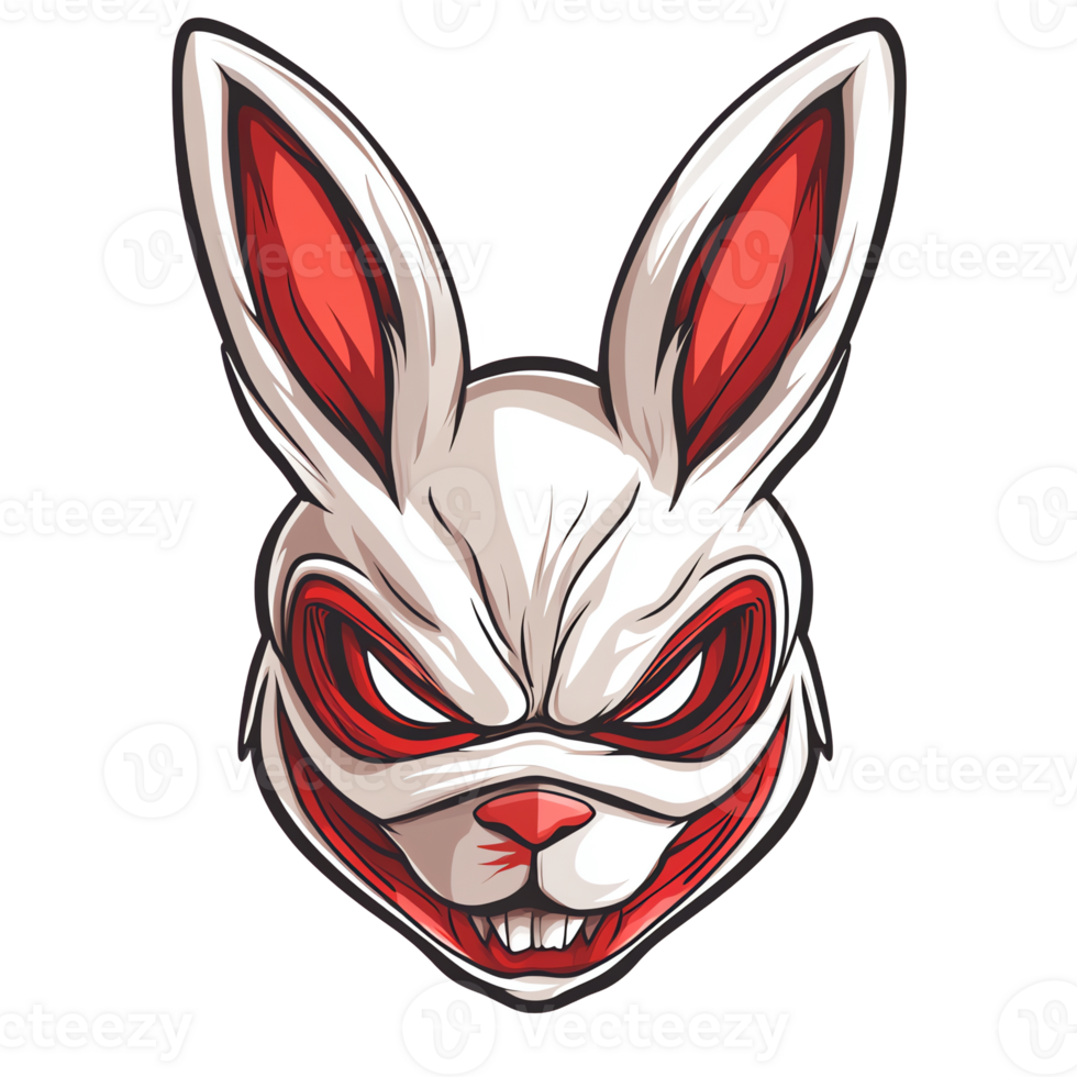 White rabbit mask with red eyes and details isolated on transparent background clip art png