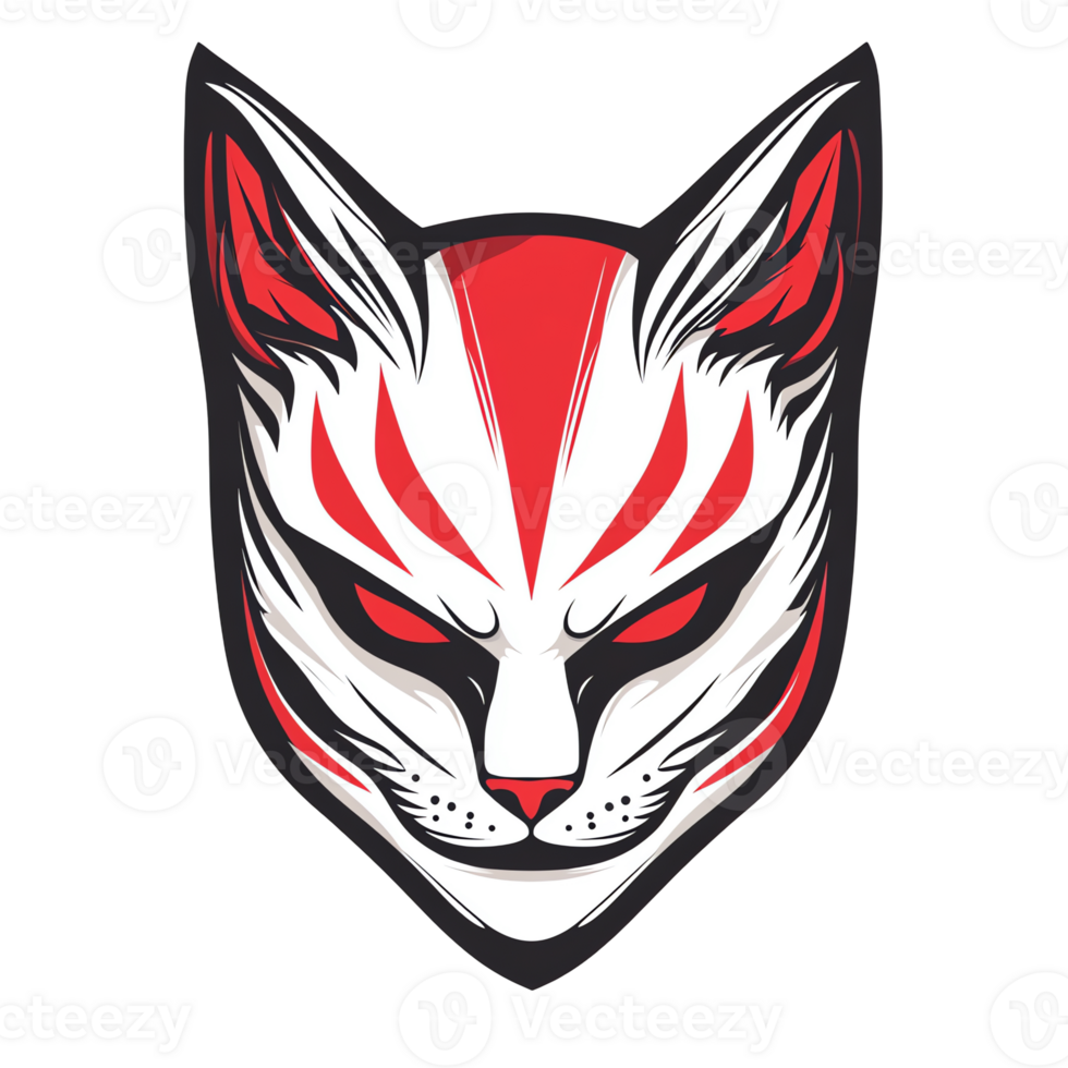 Intricate kitsune mask clip art with red accents and sharp design elements on a transparent background png