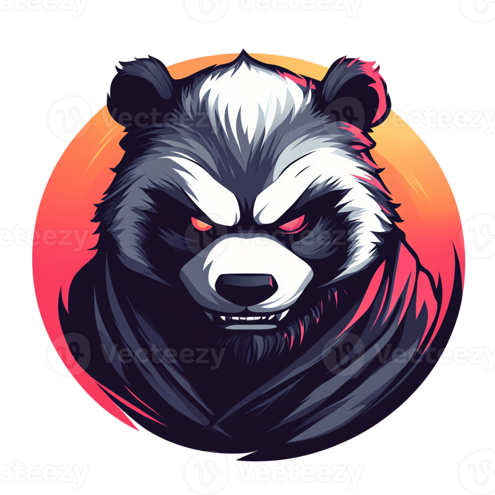 Illustration of a dark panda with glowing red eyes against a transparent background perfect for use as an icon png