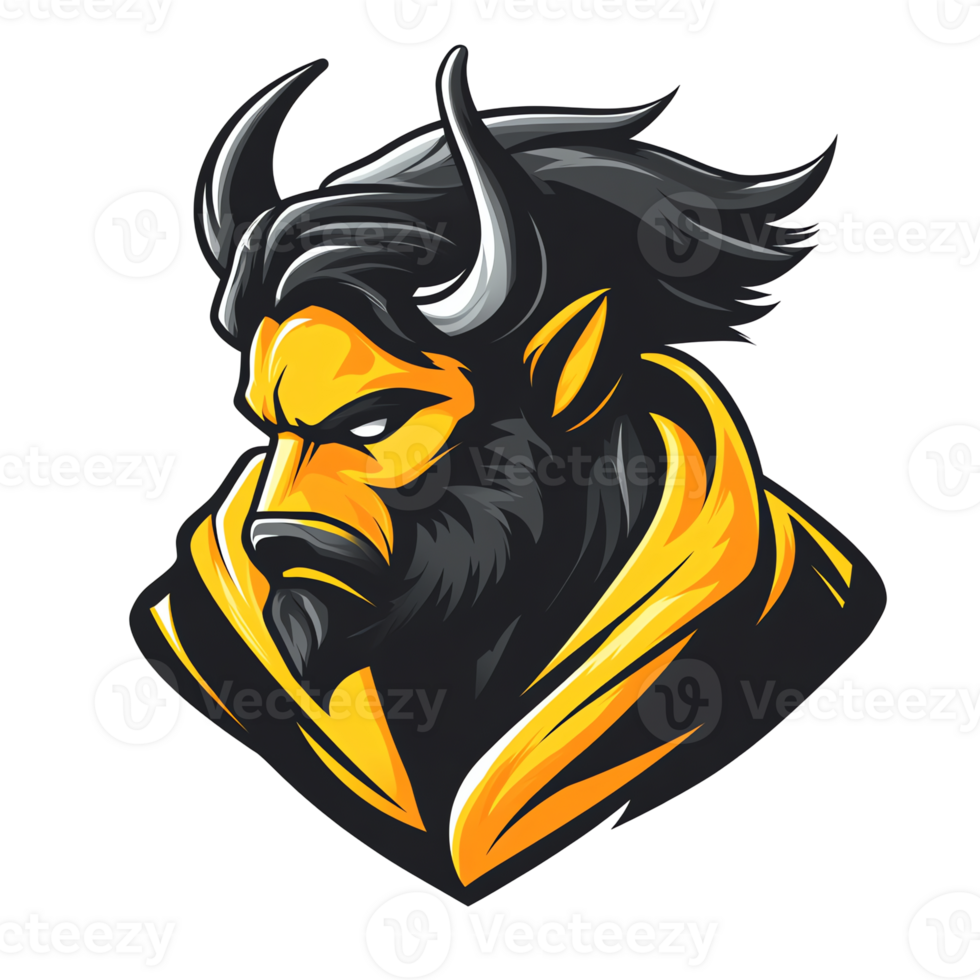 Bold minotaur warrior illustration with fierce expression and horns on transparent background png