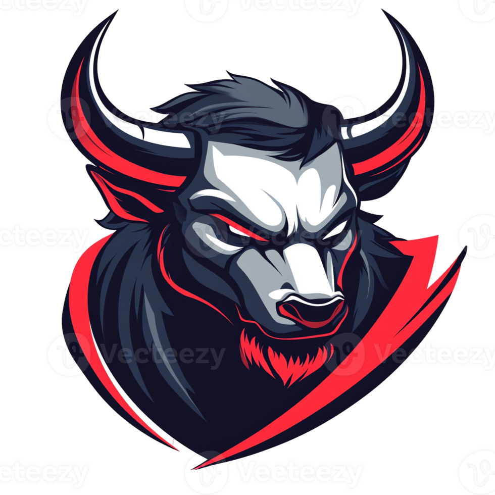 Fierce red bull mascot head with menacing eyes and sharp horns on transparent background png