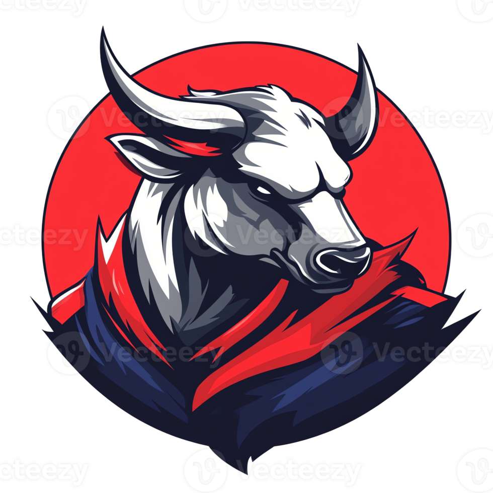 Modern bull illustration with red background and blue accents for sport teams and brand logo on transparent background png