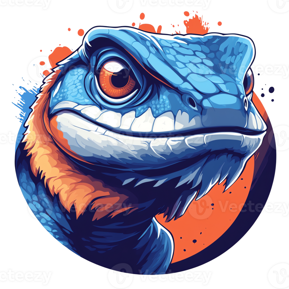 Stylized gecko portrait with blue scales and orange accents on black background full png