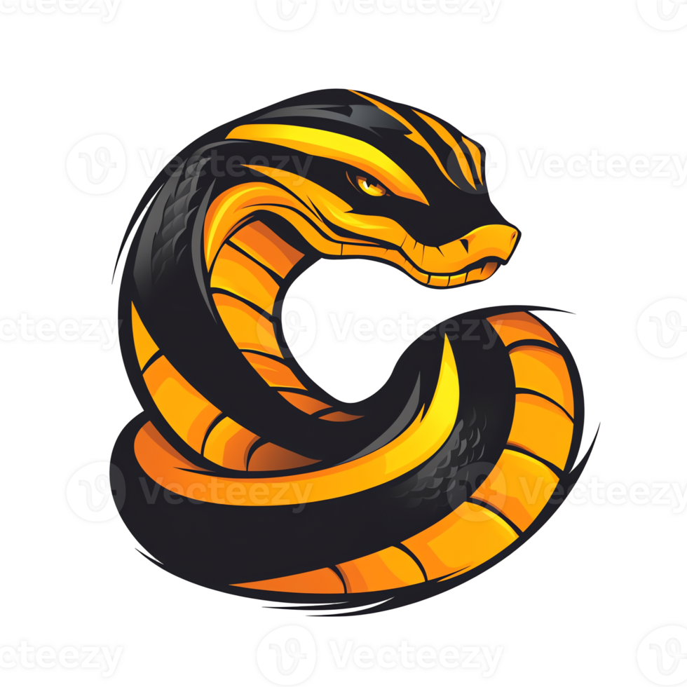 Stylized depiction of a coiled snake with striking black and yellow stripes on transparent background png