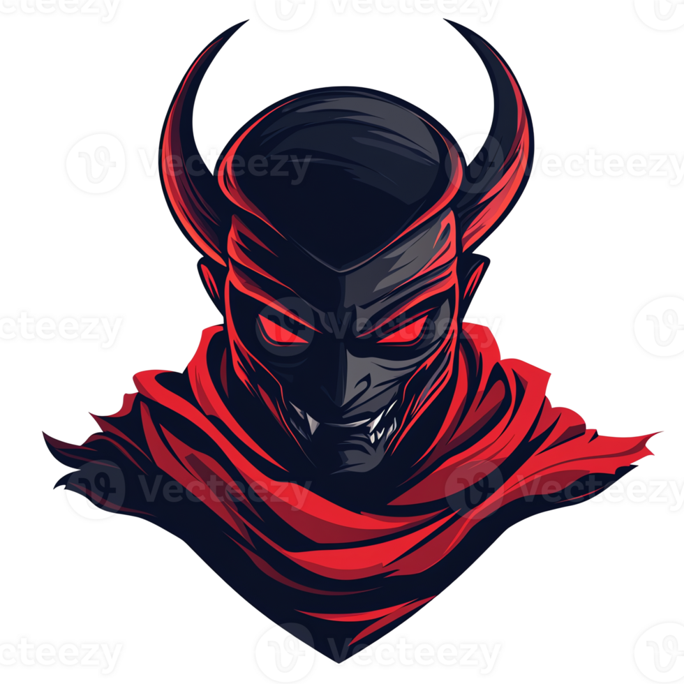 Demonic figure with glowing red eyes and horns on transparent background png