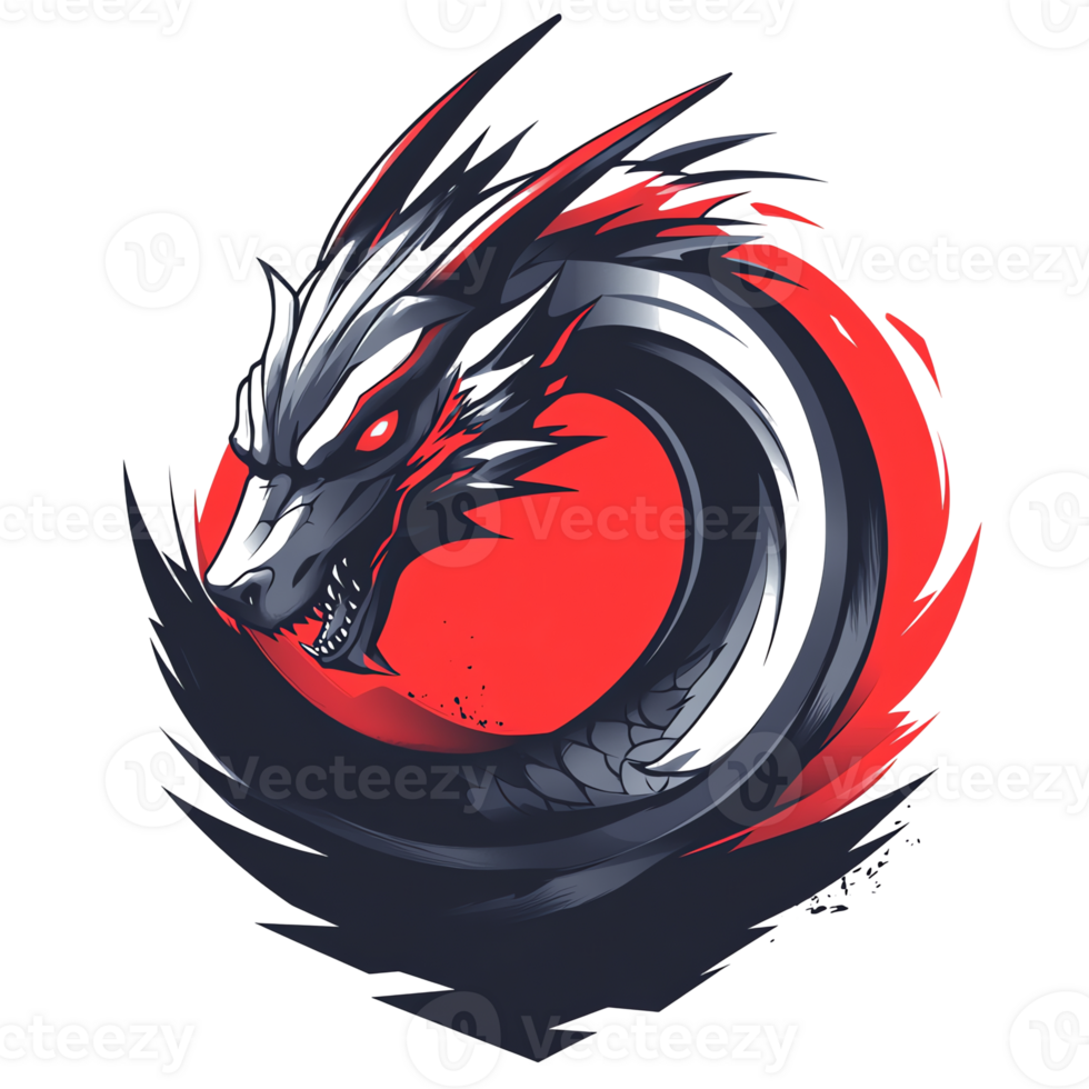 Dramatic red and grey dragon curled in circle with transparent background png