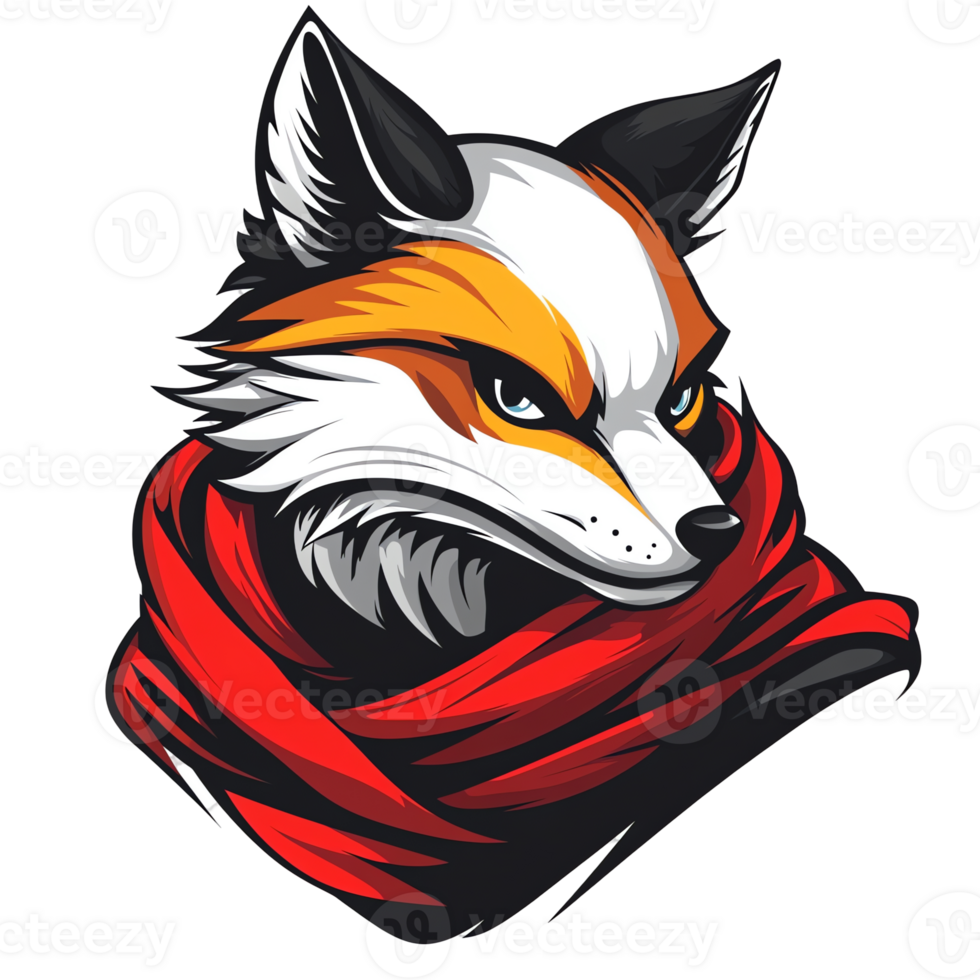 Fierce fox with red scarf on transparent background a illustration png