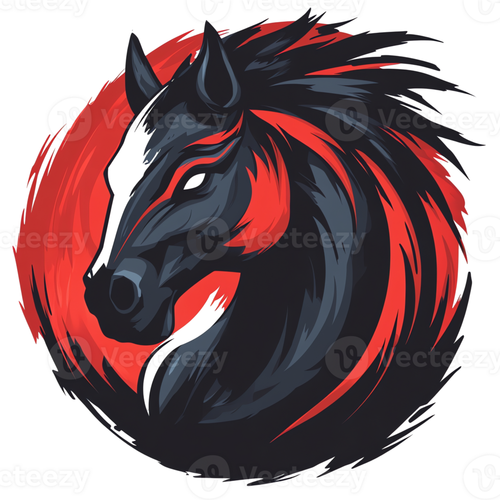 Fierce black horse with red eyes on a red sun background perfect for branding and design png