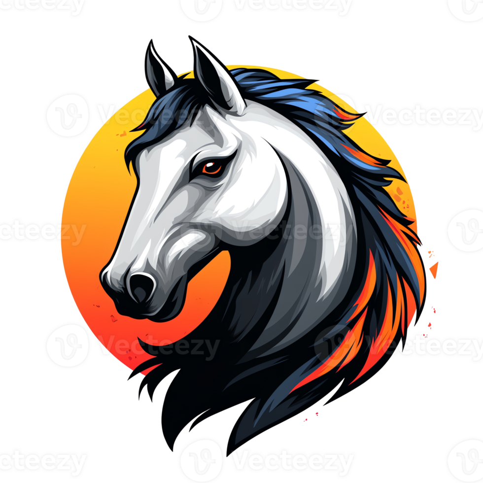 White horse head silhouette with fiery sun on transparent background illustration png