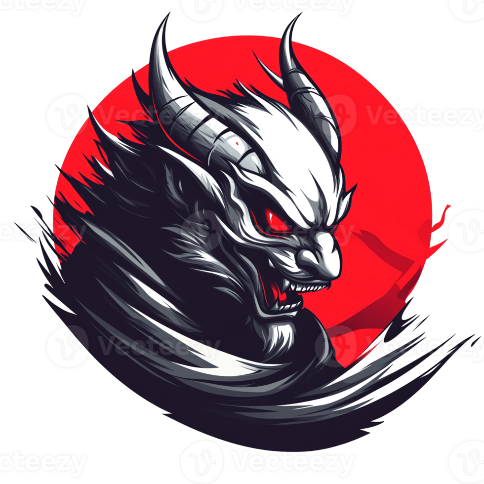 Illustration of a fearsome demon with horns and red eyes on transparent background png