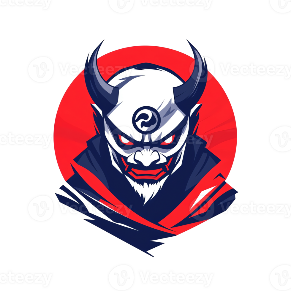 Stylized oni mask with horns and glowing eyes on transparent background png