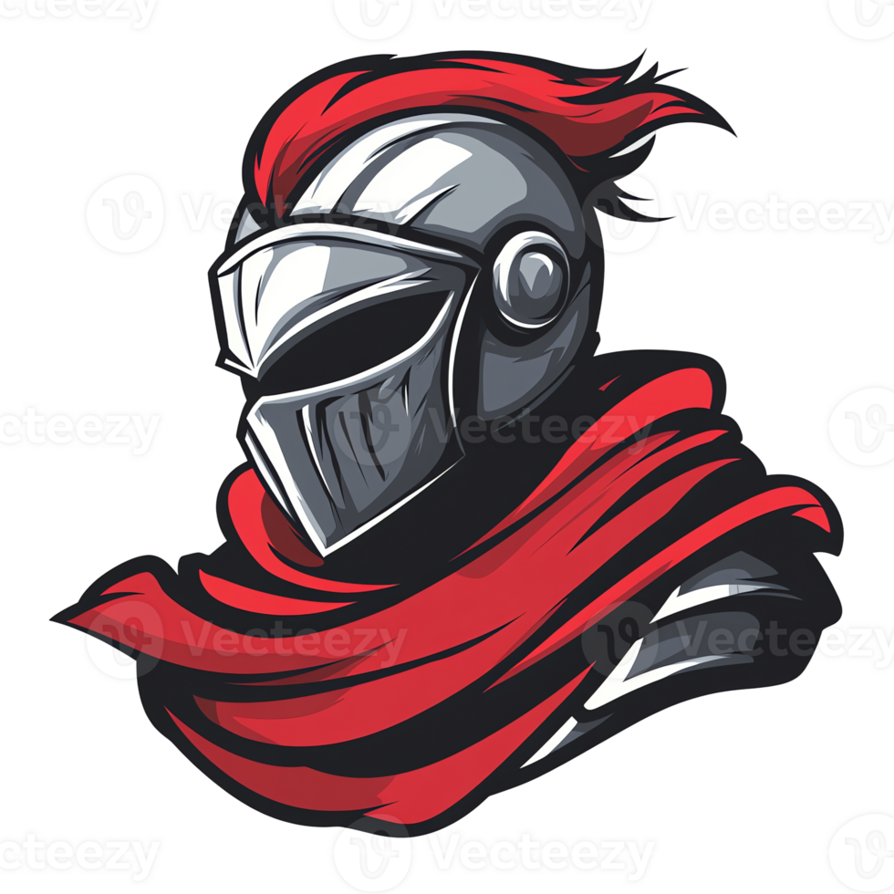 Illustration of a metal helmet knight with red scarf on a transparent background perfect for gaming or historical projects png