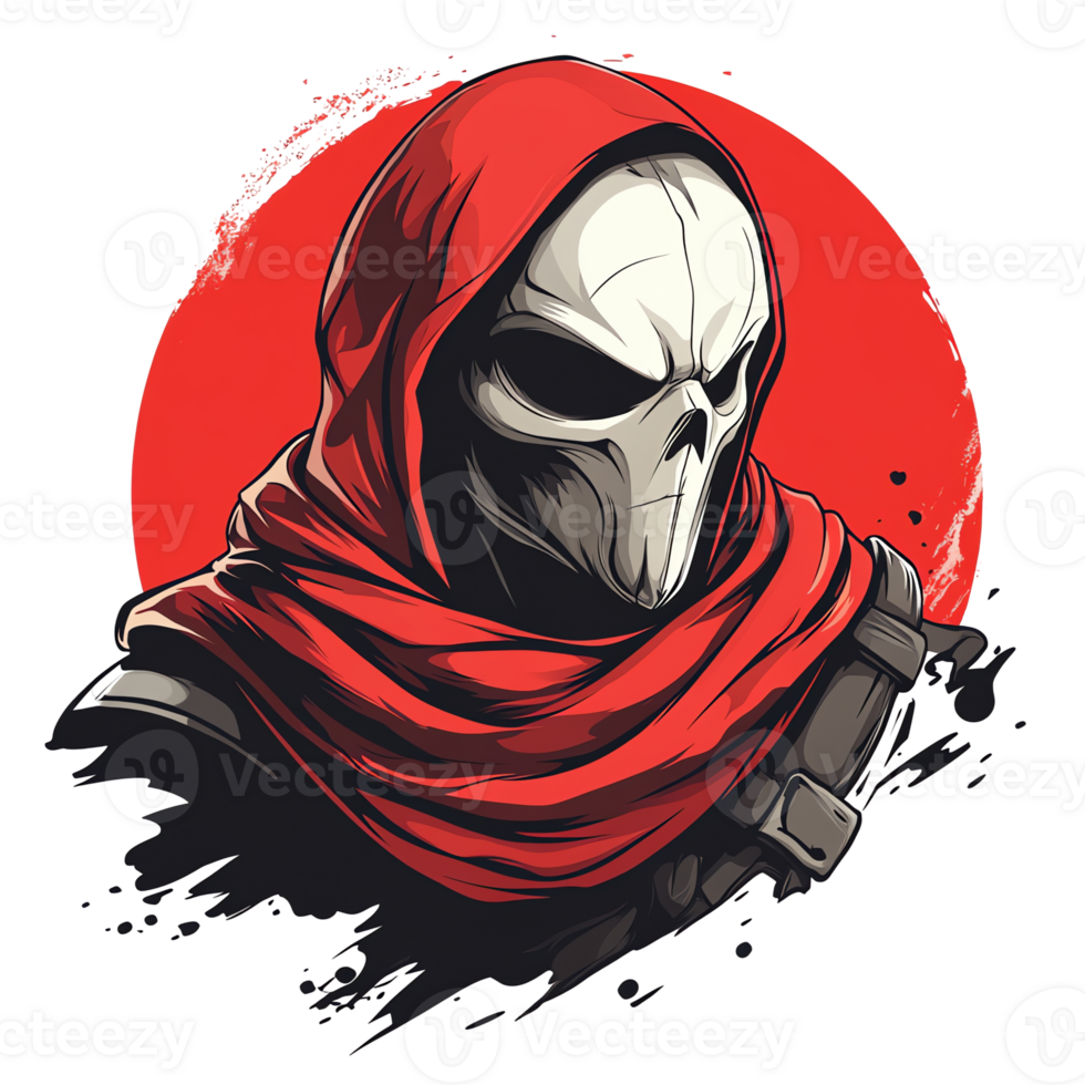 A fierce skull faced warrior in a red hood against a red sun background perfect for gaming logos and branding png