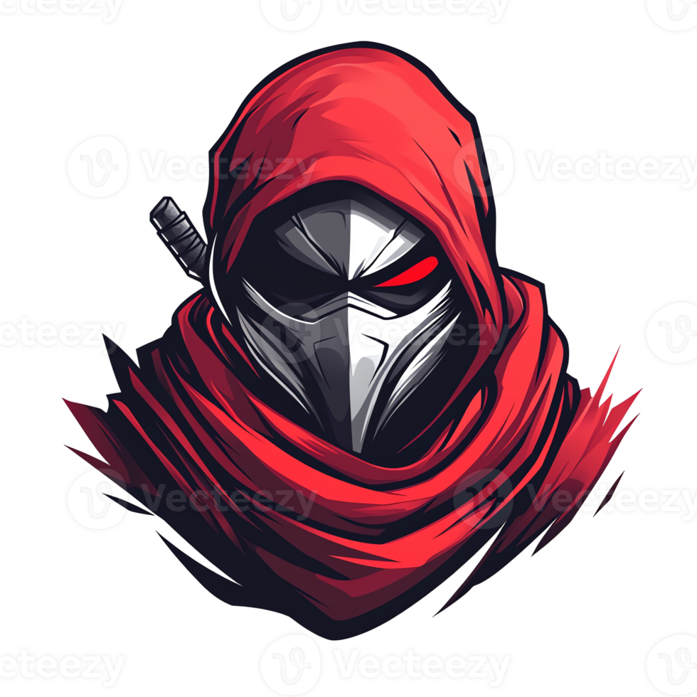 Mysterious masked ninja with red hood and glowing eye illustration on transparent background png
