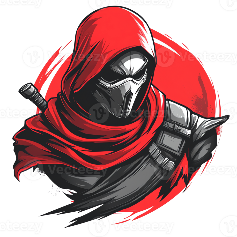 Hooded masked figure with red accents in digital rendering a mysterious concept art depiction png