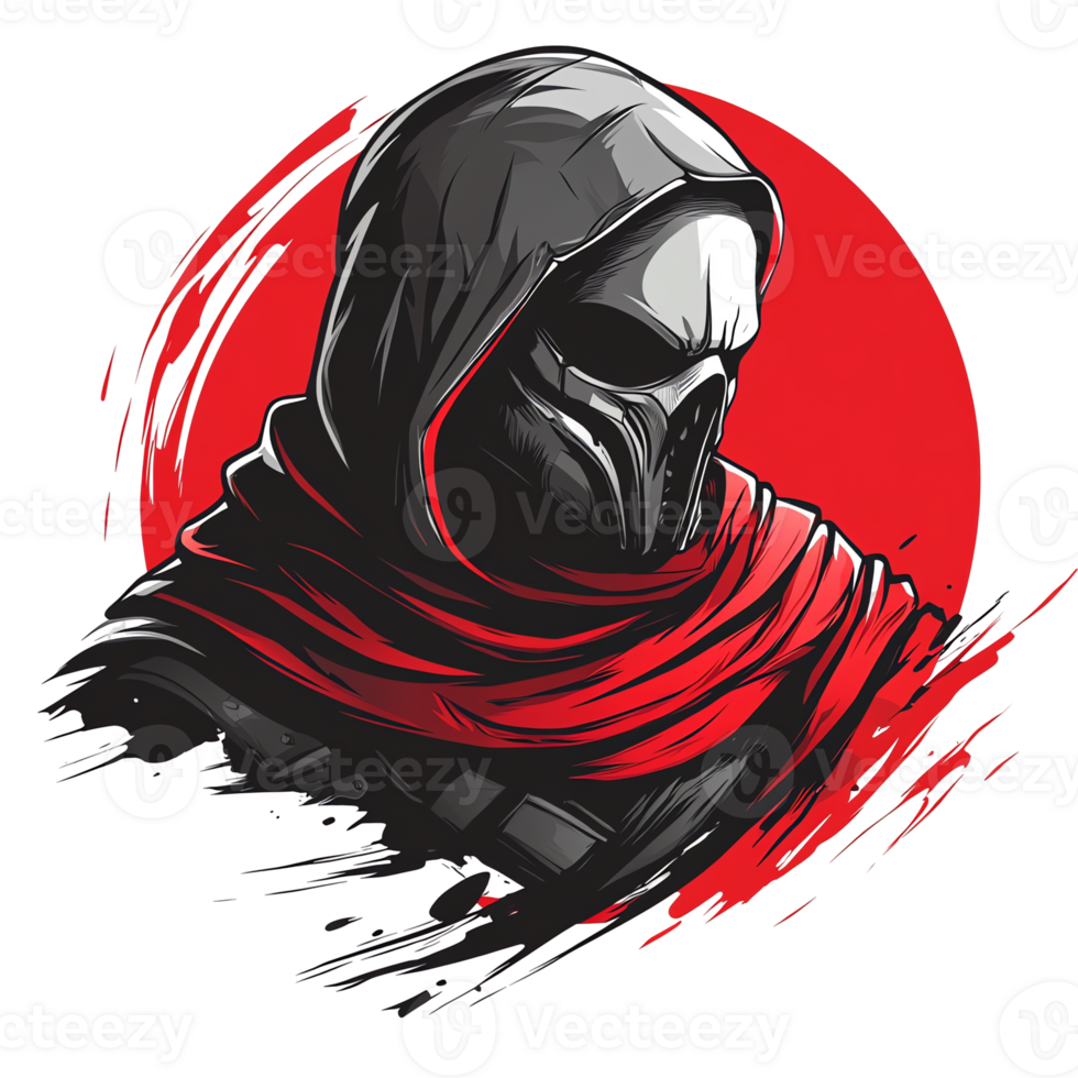 Mysterious hooded figure with red scarf on transparent background a digital painting of a shadowy warrior png