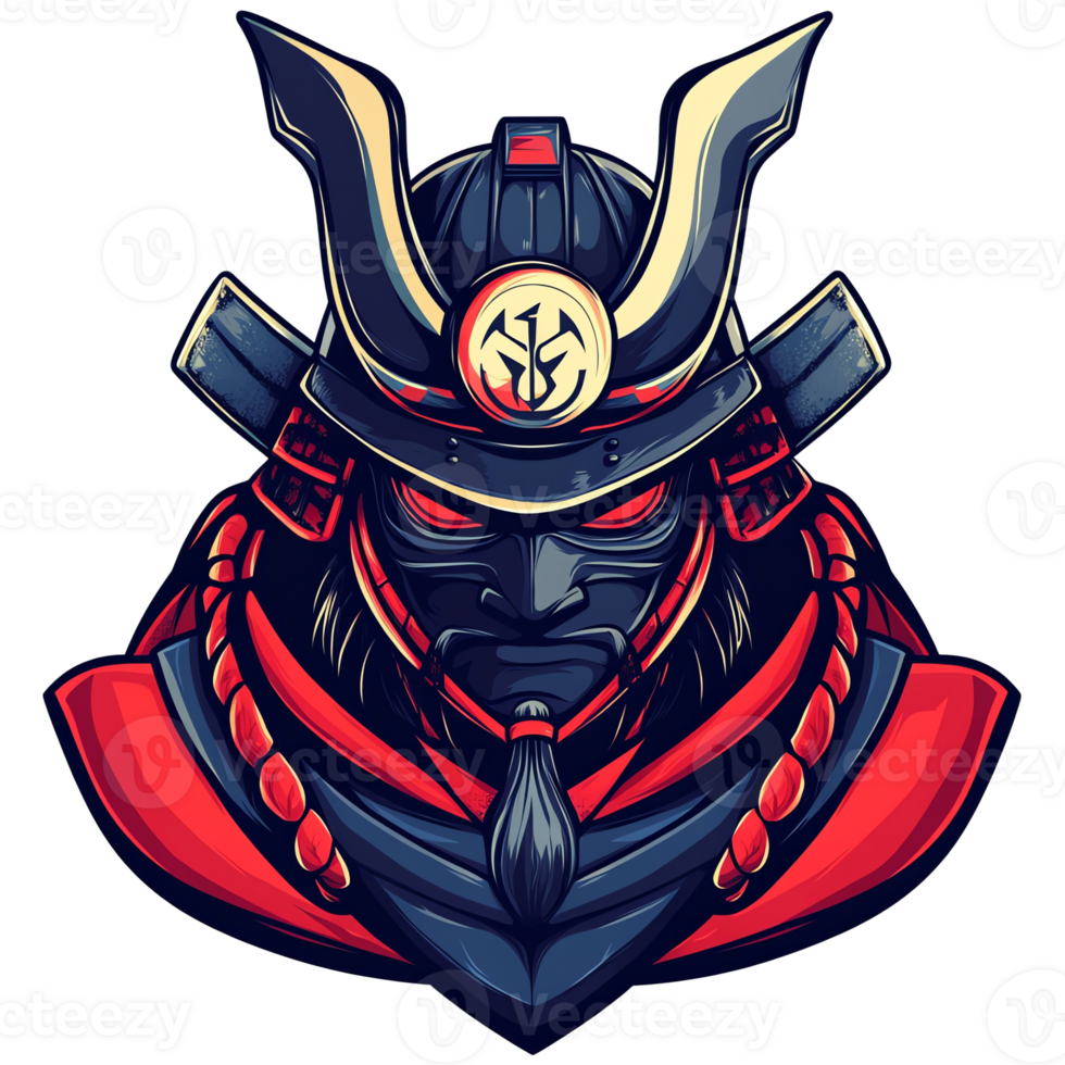 Samurai warrior with red eyes and intricate helmet design on transparent background png