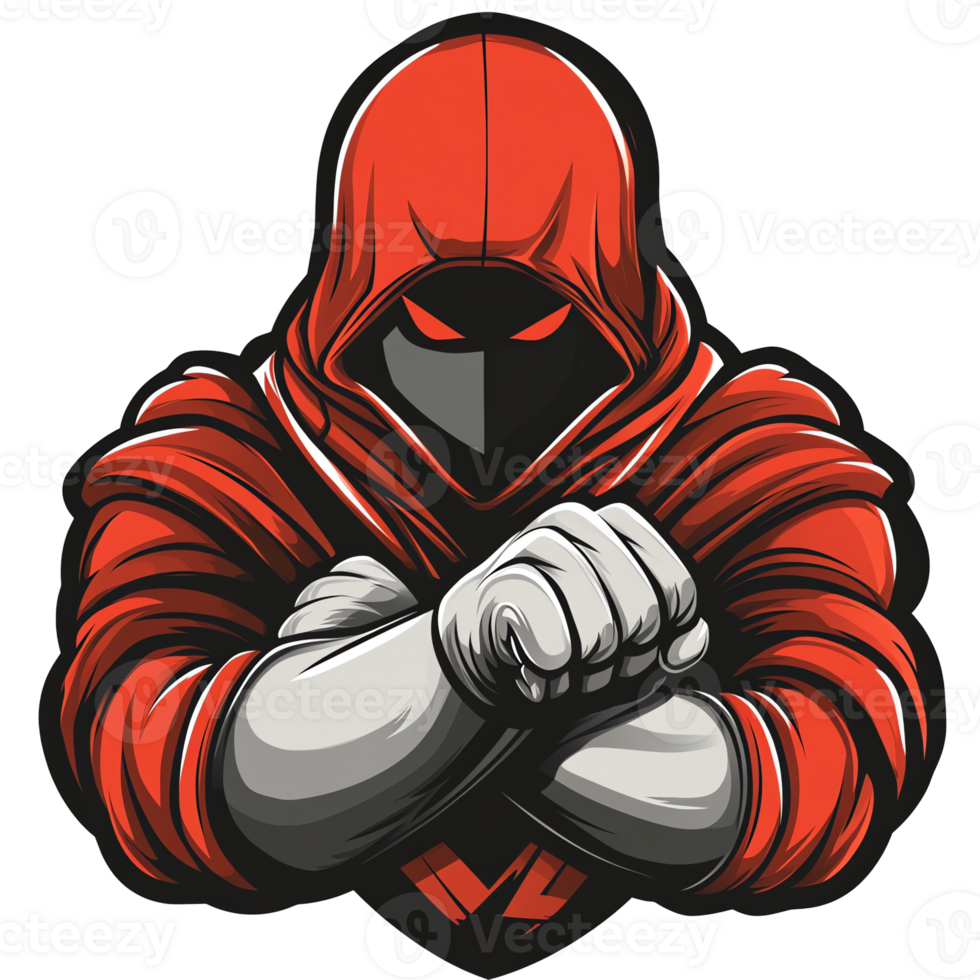 Mysterious hooded figure with red eyes and crossed arms on transparent background png