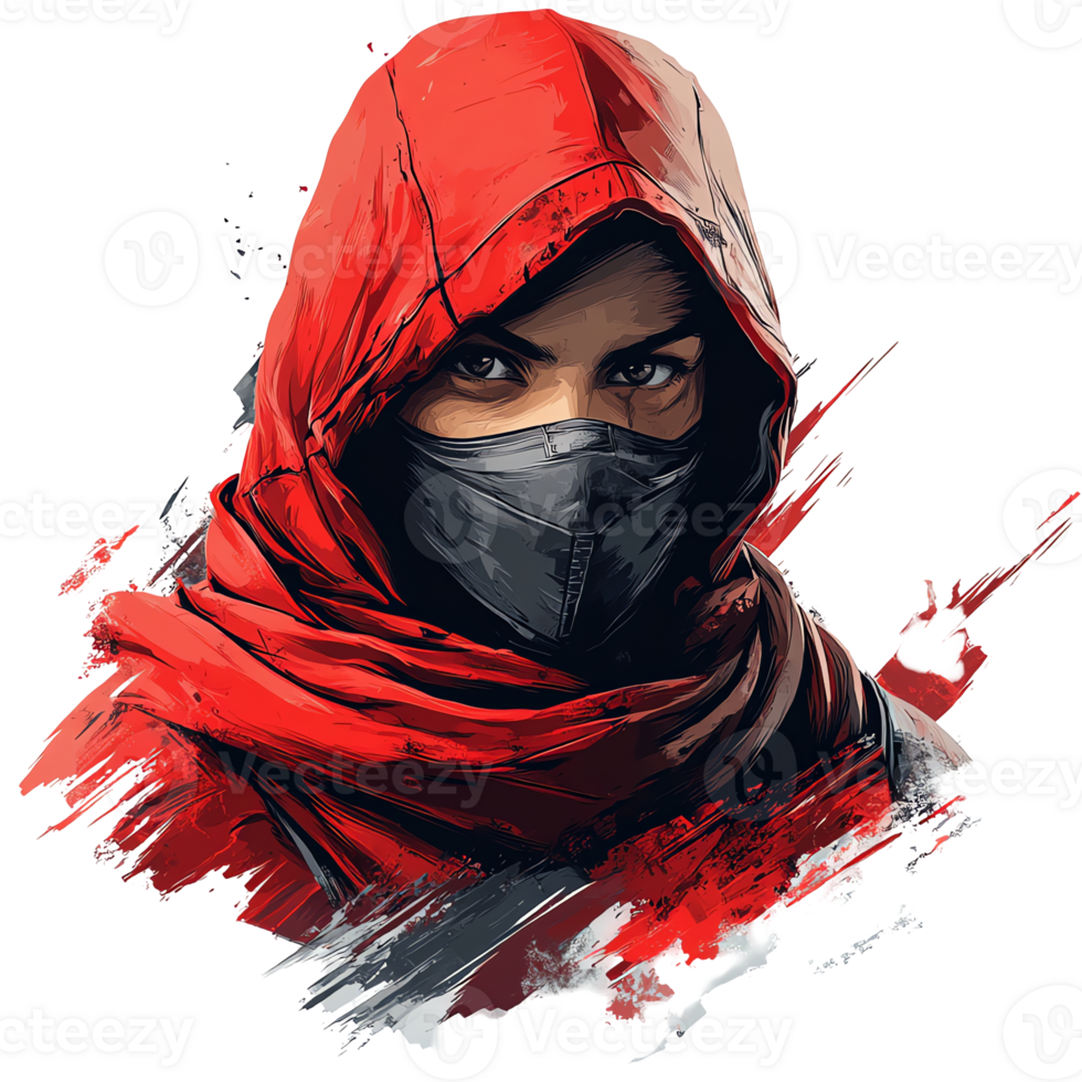 Mysterious woman in red hood and grey mask on transparent background png