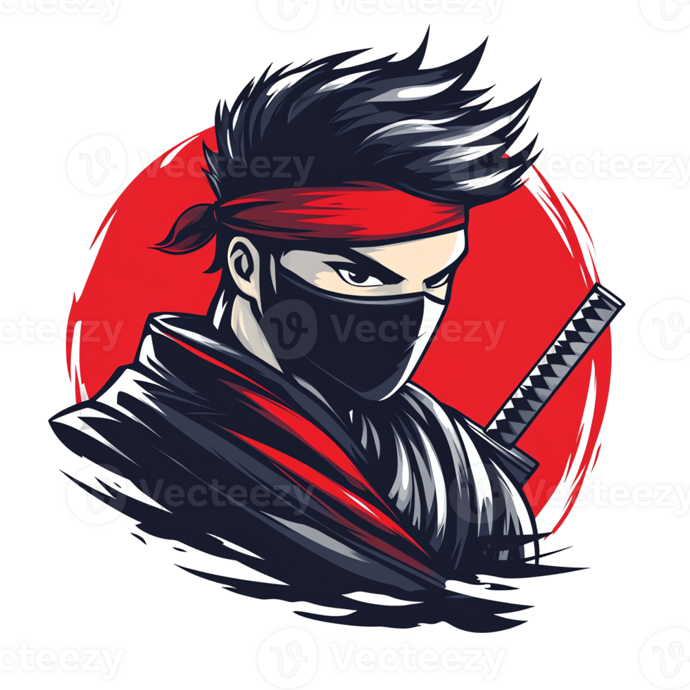 Ninja warrior with sword in action pose on transparent background illustration png