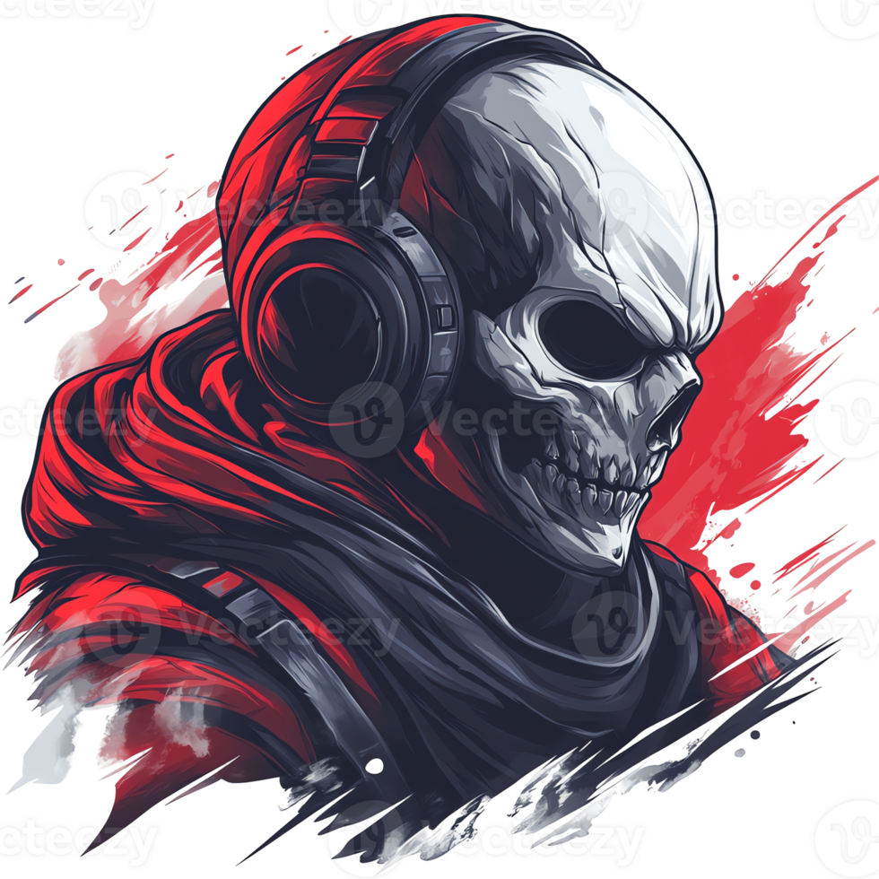 Sinister skull illustration with red and white ombre on transparent background macabre and eerie artwork png