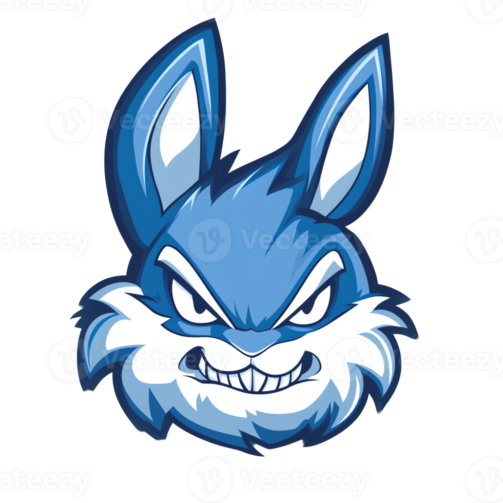 Cartoon blue rabbit head with menacing grin on transparent background isolated illustration png