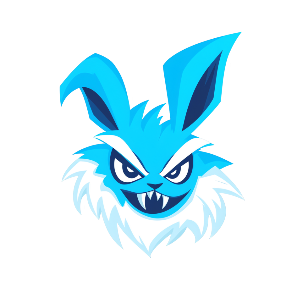Stylized angry blue rabbit head with white accents on transparent background png
