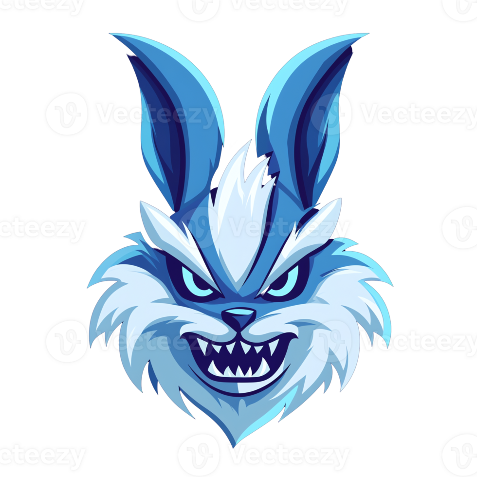 Angry blue rabbit cartoon face with sharp teeth on transparent background illustration png